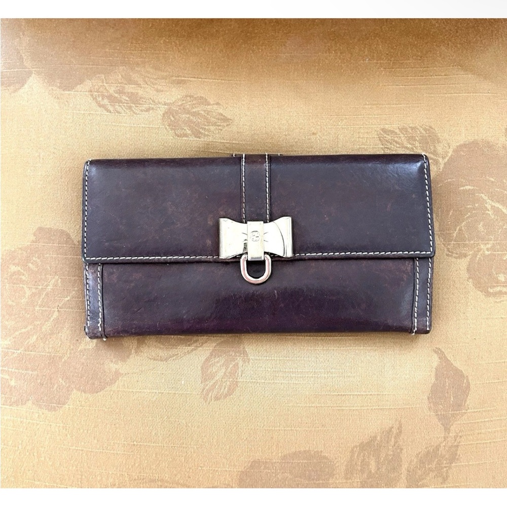 Gucci GG Gold Bow Long Bi-Fold Brown Leather Wallet with Unbranded Chain